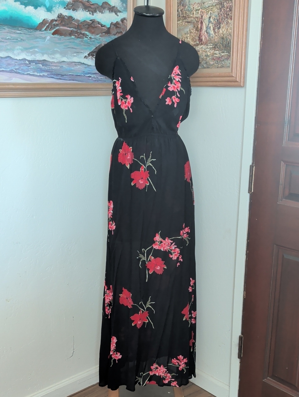 Reformation Black Maxi Dress with Pink and Red Floral Print